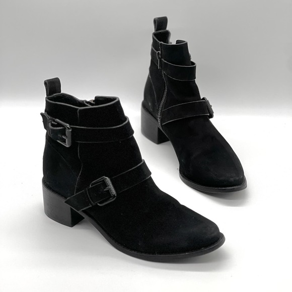 ALLSAINTS Boots Womens 39 Black Flynn Suede Nubuck Leather Double Strap Ankle